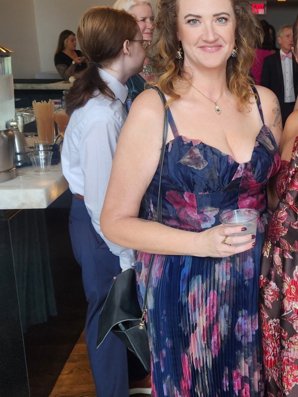 Lulu's Navy Pleated Floral Midi Dress with Pink and Mauve Blooms